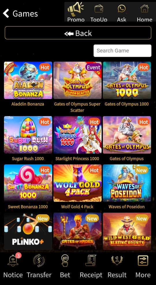 Senarai Permainan di Aladdin99 (Game list)